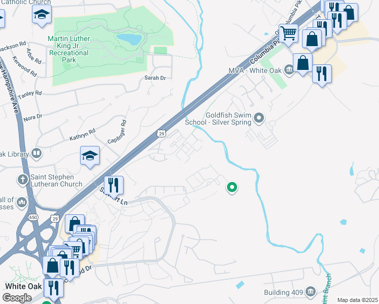 map of restaurants, bars, coffee shops, grocery stores, and more near 1641 Carriage House Terrace in Silver Spring