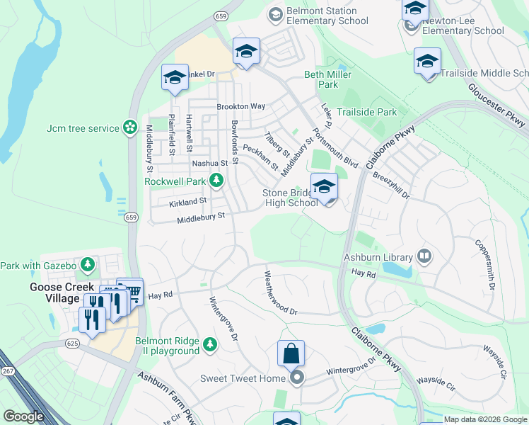 map of restaurants, bars, coffee shops, grocery stores, and more near 20555 Middlebury Street in Ashburn