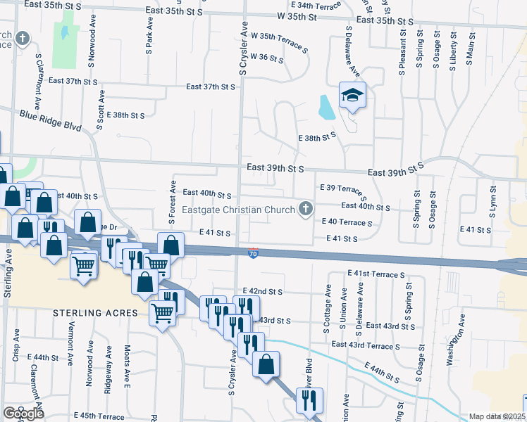 map of restaurants, bars, coffee shops, grocery stores, and more near 4027 South Crysler Avenue in Independence