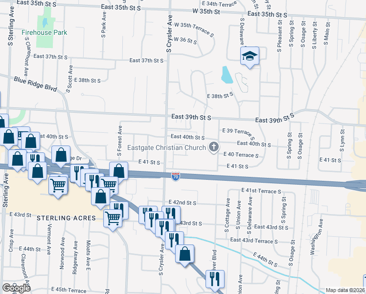 map of restaurants, bars, coffee shops, grocery stores, and more near 4027 South Crysler Avenue in Independence