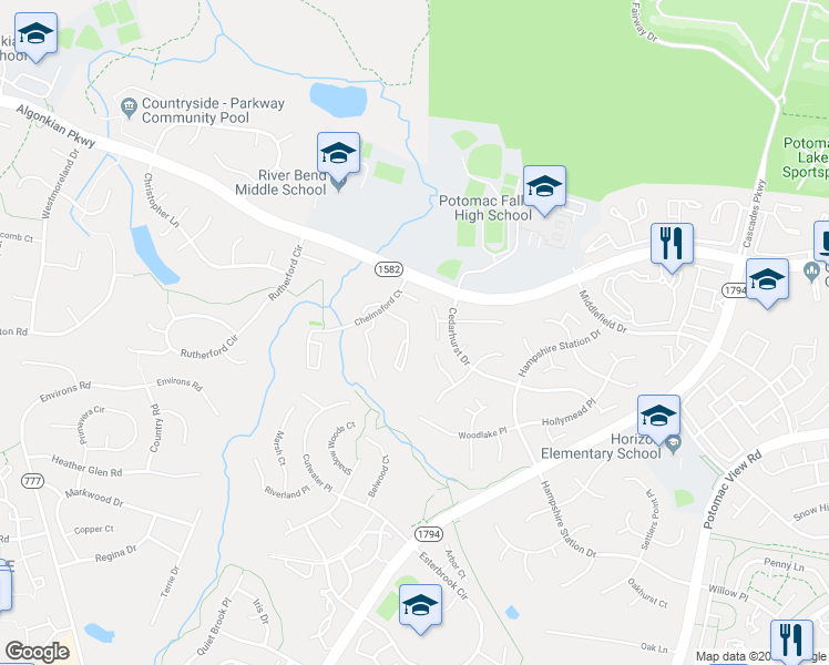 map of restaurants, bars, coffee shops, grocery stores, and more near 151 Sulgrave Court in Sterling