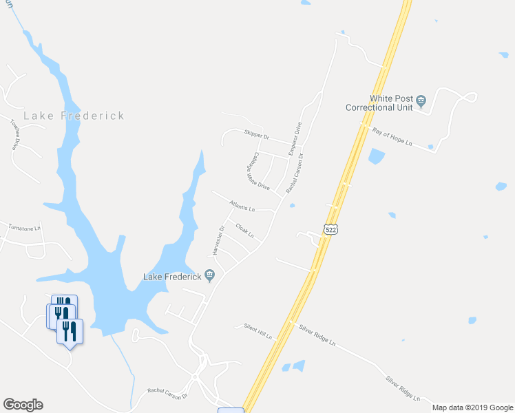 map of restaurants, bars, coffee shops, grocery stores, and more near 108 Atlantis Lane in Lake Frederick