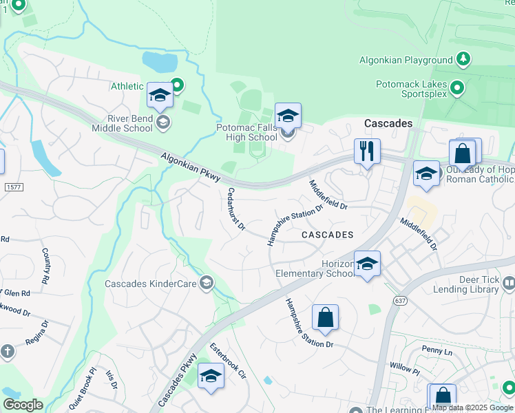 map of restaurants, bars, coffee shops, grocery stores, and more near 46429 Springwood Court in Sterling