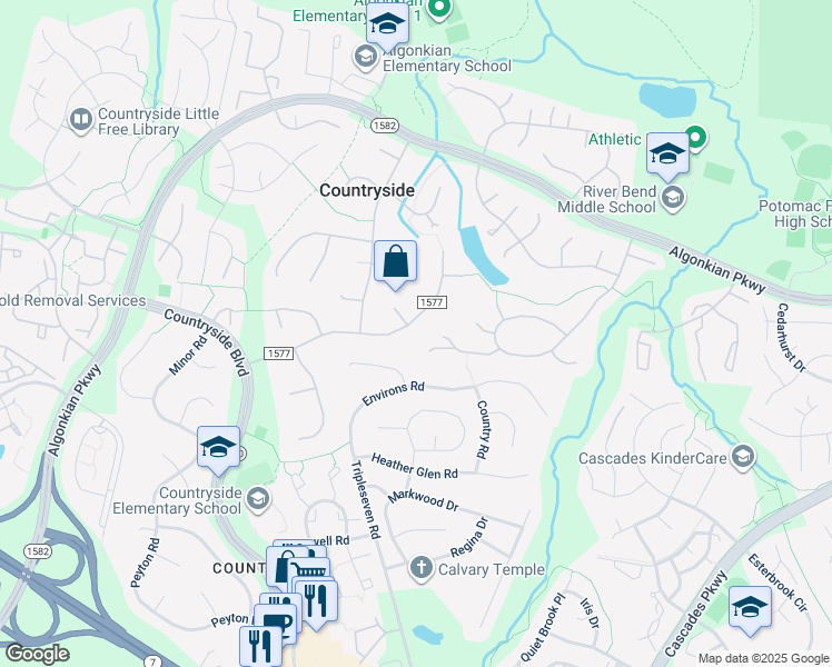 map of restaurants, bars, coffee shops, grocery stores, and more near 36 Carrollton Road in Sterling