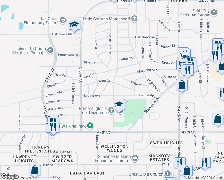 map of restaurants, bars, coffee shops, grocery stores, and more near 5109 Locust Avenue in Kansas City
