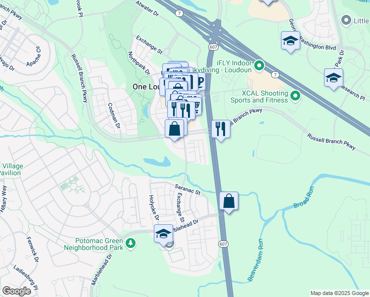 map of restaurants, bars, coffee shops, grocery stores, and more near Exchange Street in Ashburn