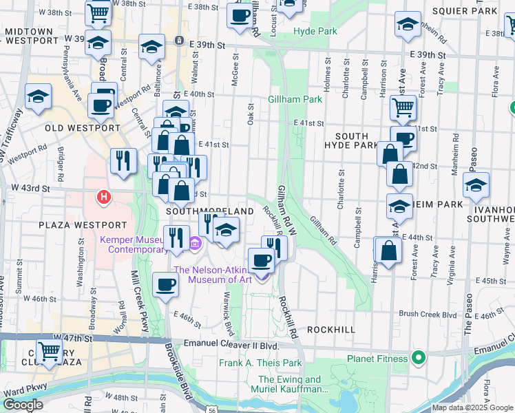 map of restaurants, bars, coffee shops, grocery stores, and more near 4312 Rockhill Road in Kansas City