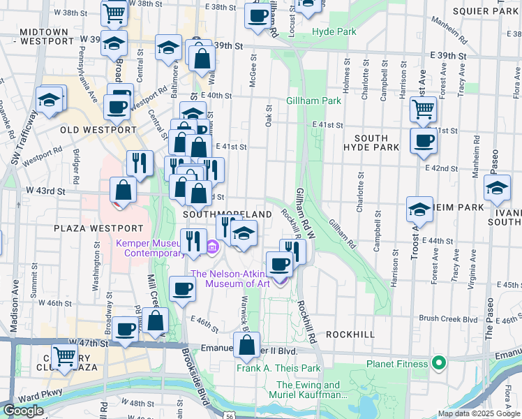 map of restaurants, bars, coffee shops, grocery stores, and more near 4331 McGee Street in Kansas City