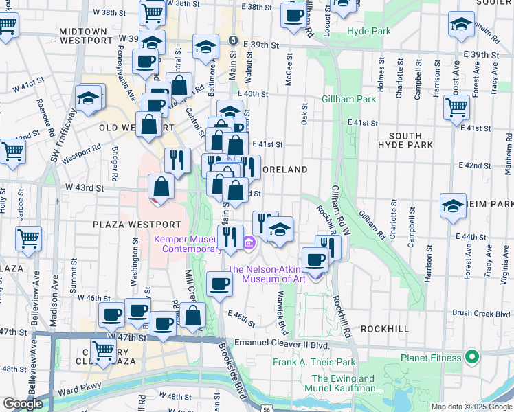 map of restaurants, bars, coffee shops, grocery stores, and more near 4331 Warwick Boulevard in Kansas City