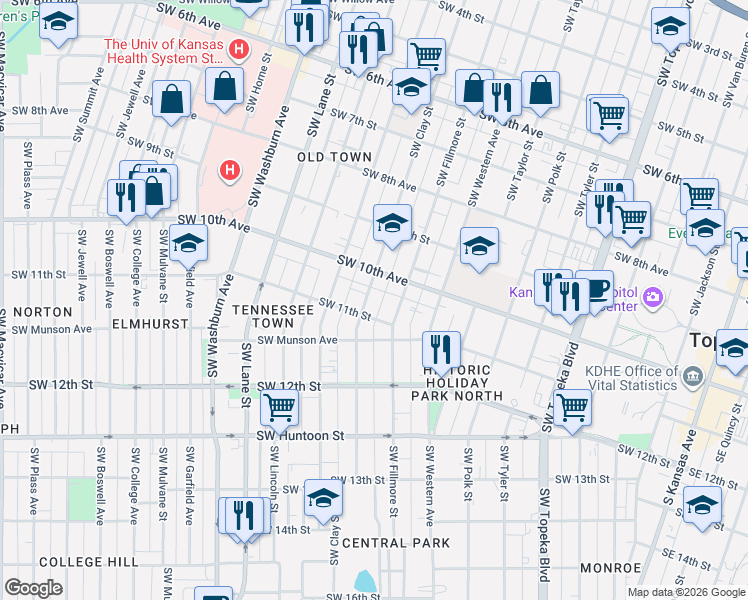 map of restaurants, bars, coffee shops, grocery stores, and more near 1035 Southwest Fillmore Street in Topeka
