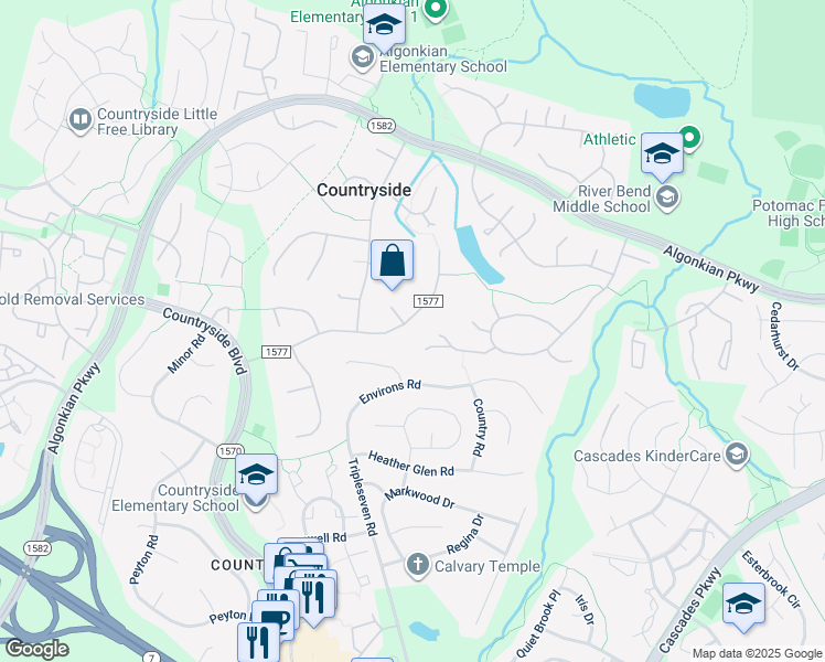 map of restaurants, bars, coffee shops, grocery stores, and more near 36 Carrollton Road in Sterling