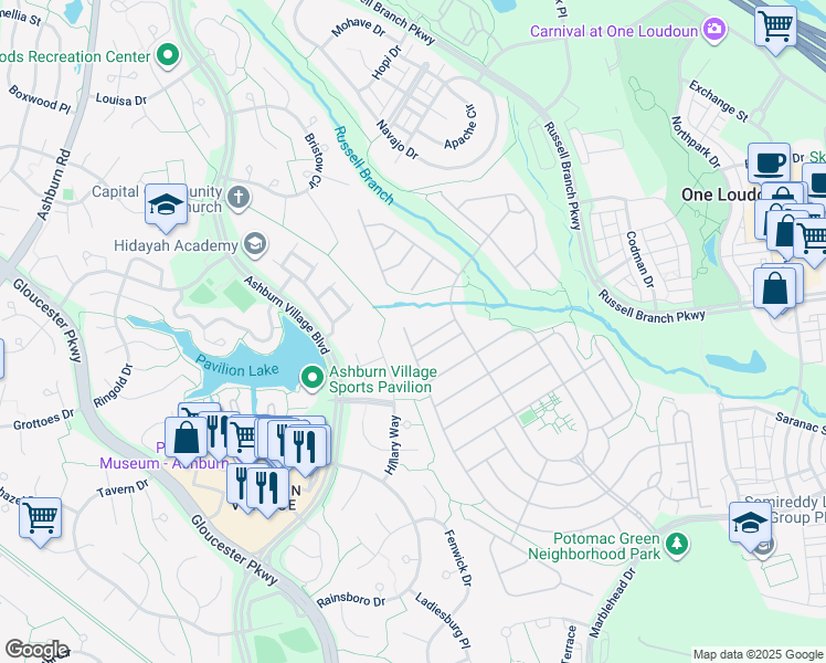 map of restaurants, bars, coffee shops, grocery stores, and more near 20426 Crescent Pointe Place in Ashburn