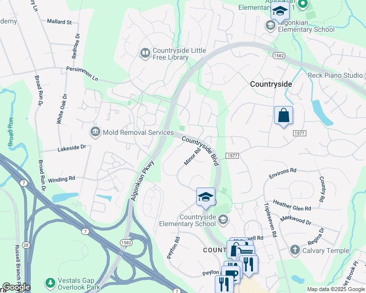 map of restaurants, bars, coffee shops, grocery stores, and more near 20 Moss Road in Sterling