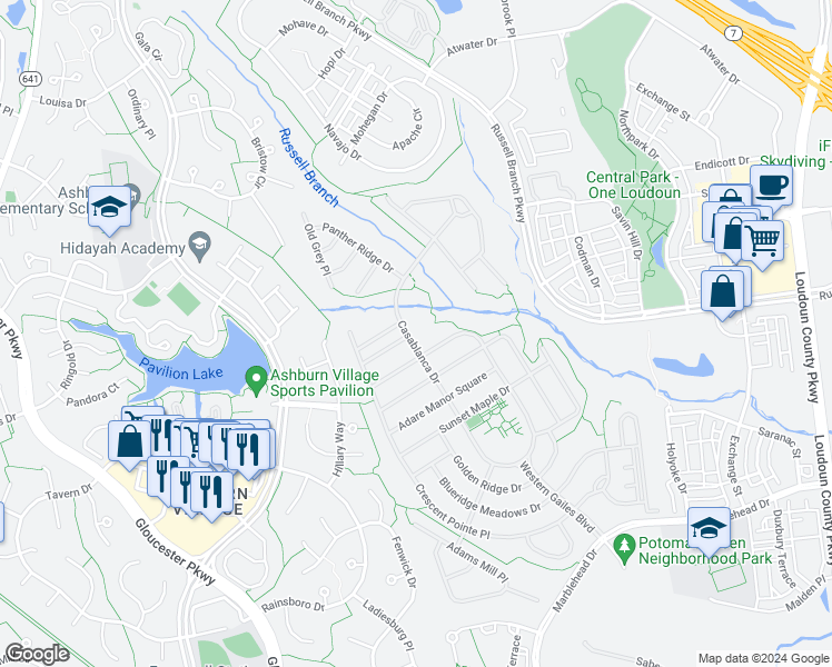 map of restaurants, bars, coffee shops, grocery stores, and more near 20488 Casablanca Drive in Ashburn