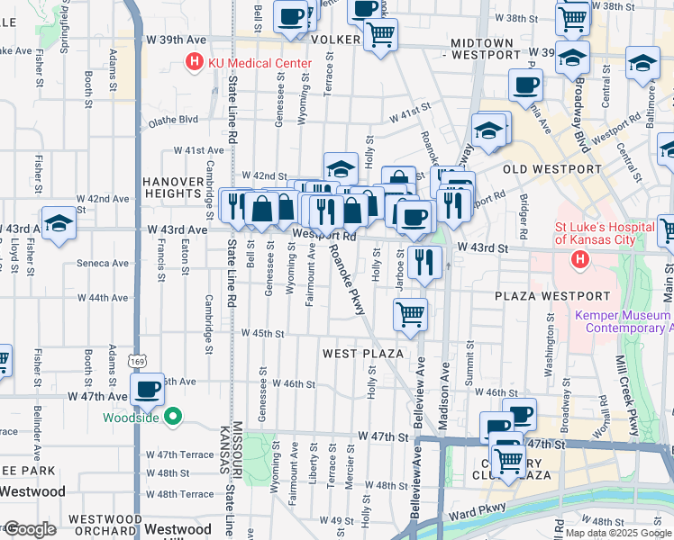 map of restaurants, bars, coffee shops, grocery stores, and more near 4328 Roanoke Parkway in Kansas City