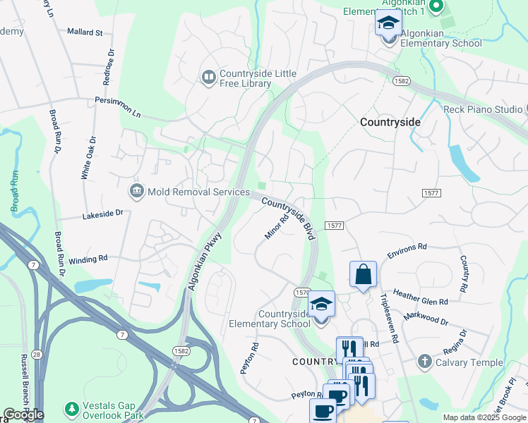 map of restaurants, bars, coffee shops, grocery stores, and more near 20 Moss Road in Sterling