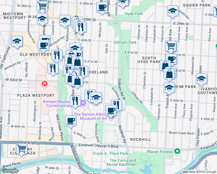 map of restaurants, bars, coffee shops, grocery stores, and more near 4312 Rockhill Road in Kansas City