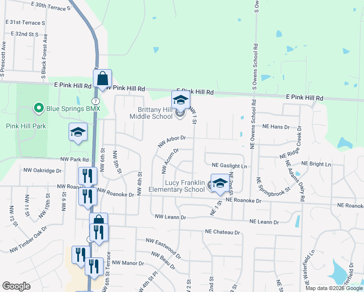 map of restaurants, bars, coffee shops, grocery stores, and more near 200 Northwest Arbor Drive in Blue Springs