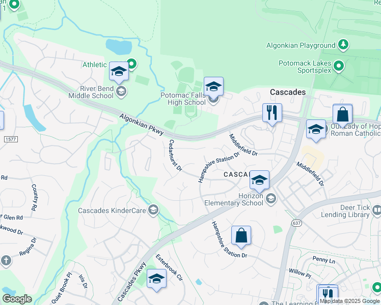 map of restaurants, bars, coffee shops, grocery stores, and more near 46429 Springwood Court in Sterling