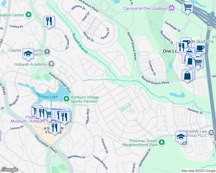 map of restaurants, bars, coffee shops, grocery stores, and more near 20488 Casablanca Drive in Ashburn