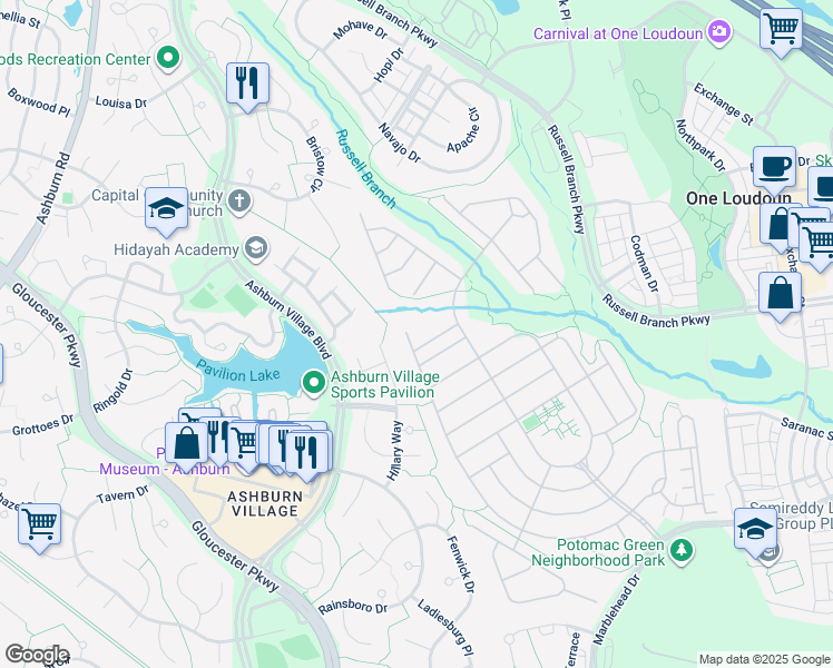 map of restaurants, bars, coffee shops, grocery stores, and more near 20426 Crescent Pointe Place in Ashburn