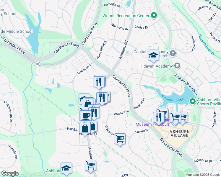 map of restaurants, bars, coffee shops, grocery stores, and more near 43849 Delightful Place in Ashburn