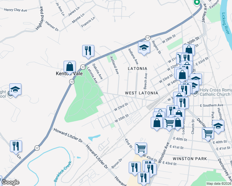 map of restaurants, bars, coffee shops, grocery stores, and more near 2831 Ashland Avenue in Covington