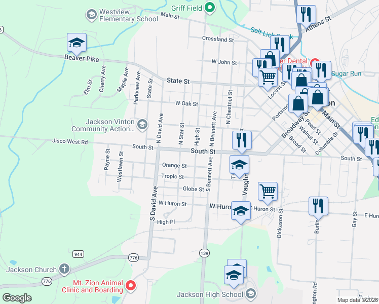 map of restaurants, bars, coffee shops, grocery stores, and more near 3 North High Street in Jackson