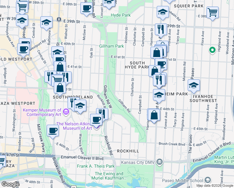 map of restaurants, bars, coffee shops, grocery stores, and more near 4237 Kenwood Avenue in Kansas City