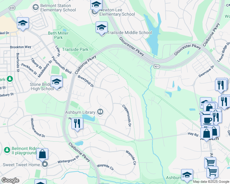 map of restaurants, bars, coffee shops, grocery stores, and more near 43369 Deepspring Court in Ashburn