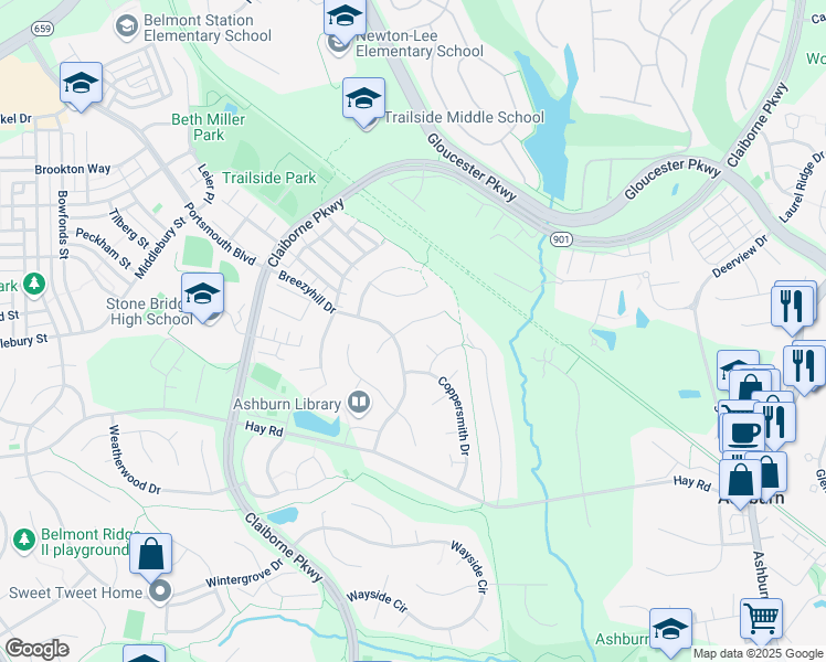 map of restaurants, bars, coffee shops, grocery stores, and more near 43369 Deepspring Court in Ashburn