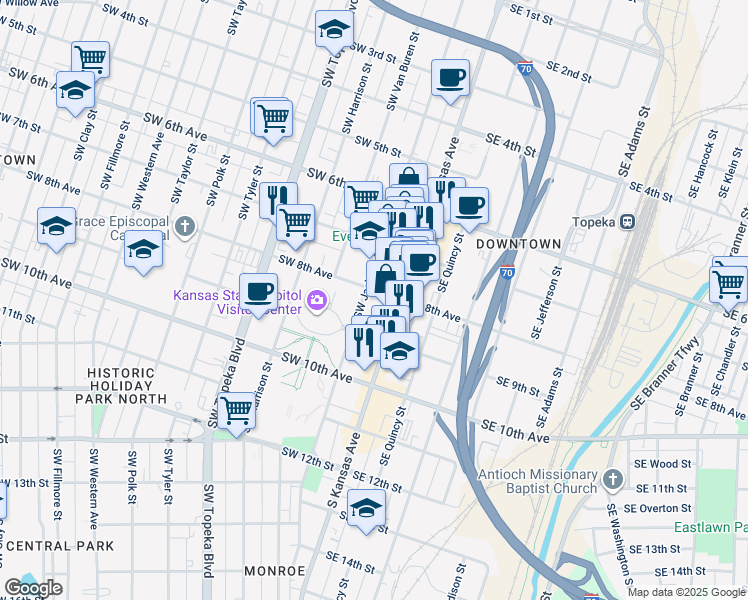 map of restaurants, bars, coffee shops, grocery stores, and more near 756 Southwest Jackson Street in Topeka