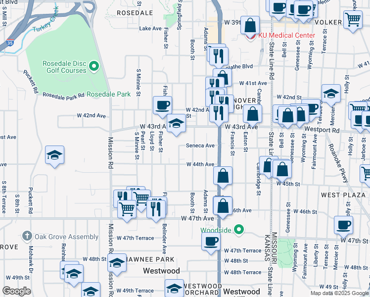 map of restaurants, bars, coffee shops, grocery stores, and more near 2605 West 43rd Avenue in Kansas City