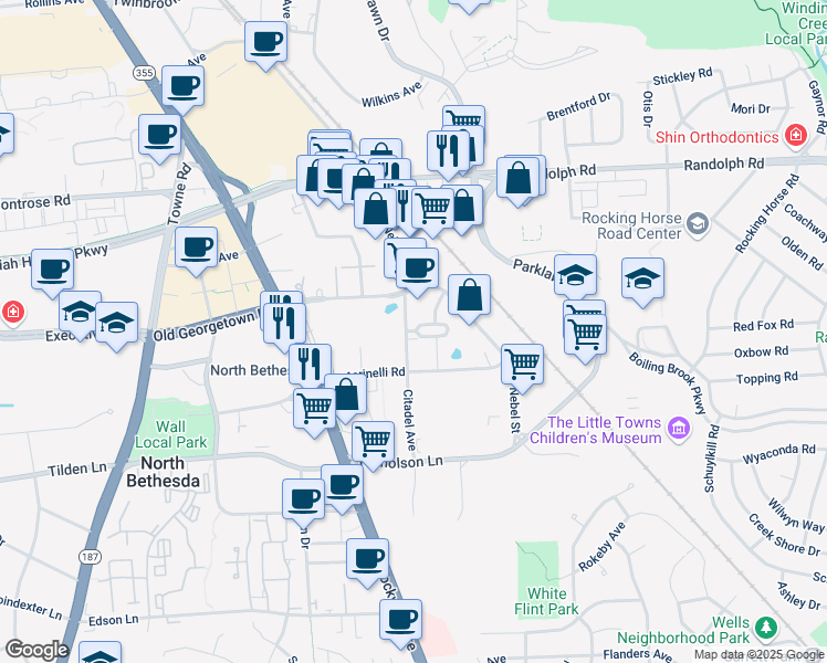 map of restaurants, bars, coffee shops, grocery stores, and more near 5411 McGrath Boulevard in North Bethesda