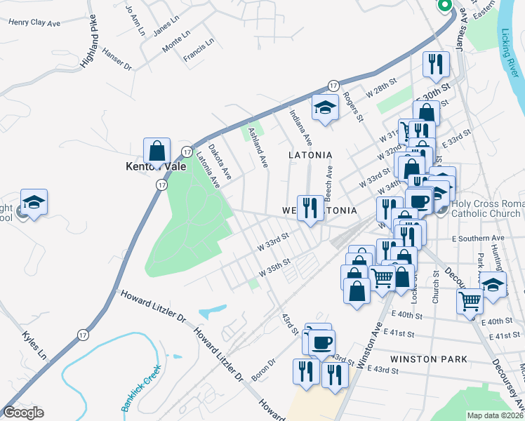 map of restaurants, bars, coffee shops, grocery stores, and more near 2831 Ashland Avenue in Covington
