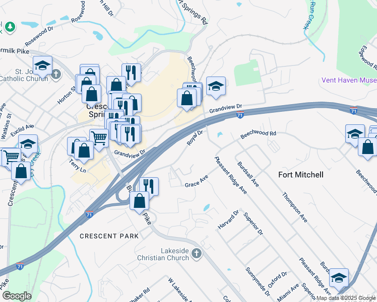 map of restaurants, bars, coffee shops, grocery stores, and more near 2332 Royal Drive in Fort Mitchell