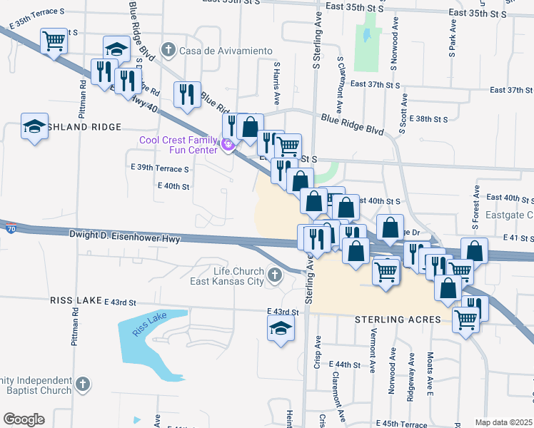 map of restaurants, bars, coffee shops, grocery stores, and more near 10811 U.S. 40 in Independence