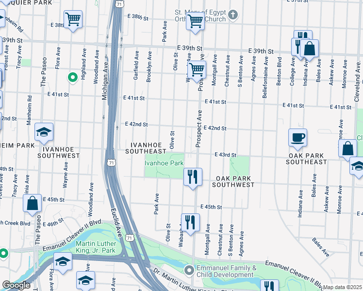 map of restaurants, bars, coffee shops, grocery stores, and more near 4214 Wabash Avenue in Kansas City