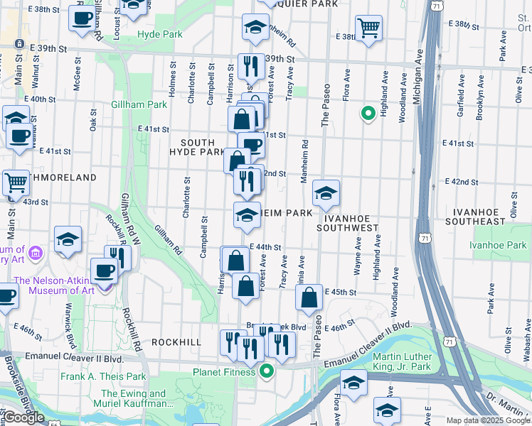 map of restaurants, bars, coffee shops, grocery stores, and more near 4230 Tracy Avenue in Kansas City