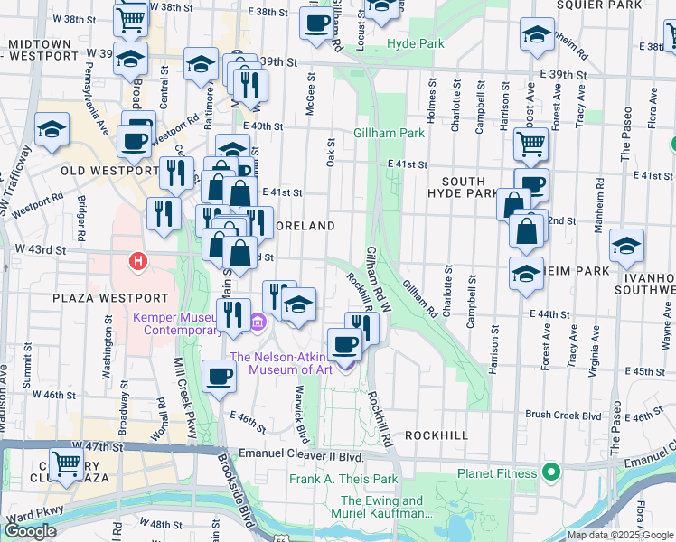 map of restaurants, bars, coffee shops, grocery stores, and more near 4236 Locust Street in Kansas City