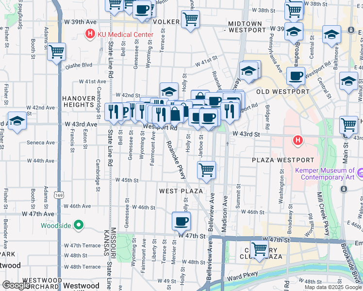 map of restaurants, bars, coffee shops, grocery stores, and more near 4308 Holly Street in Kansas City