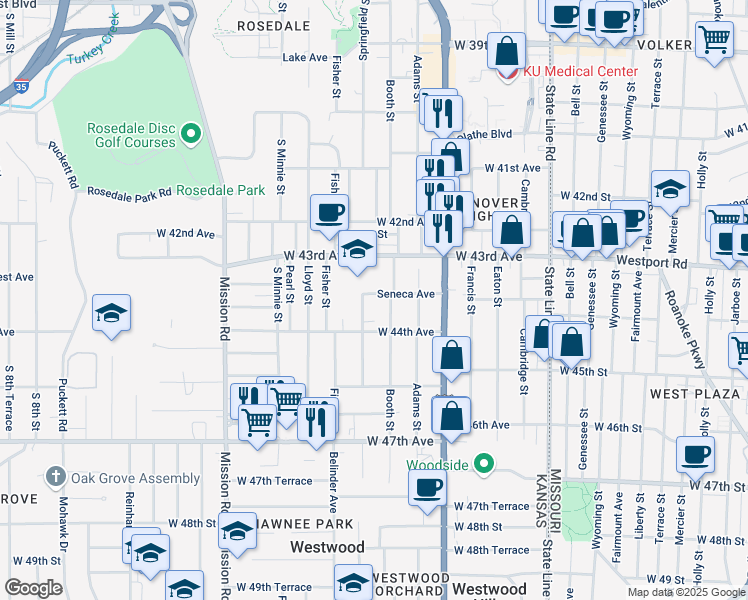 map of restaurants, bars, coffee shops, grocery stores, and more near 2605 West 43rd Avenue in Kansas City