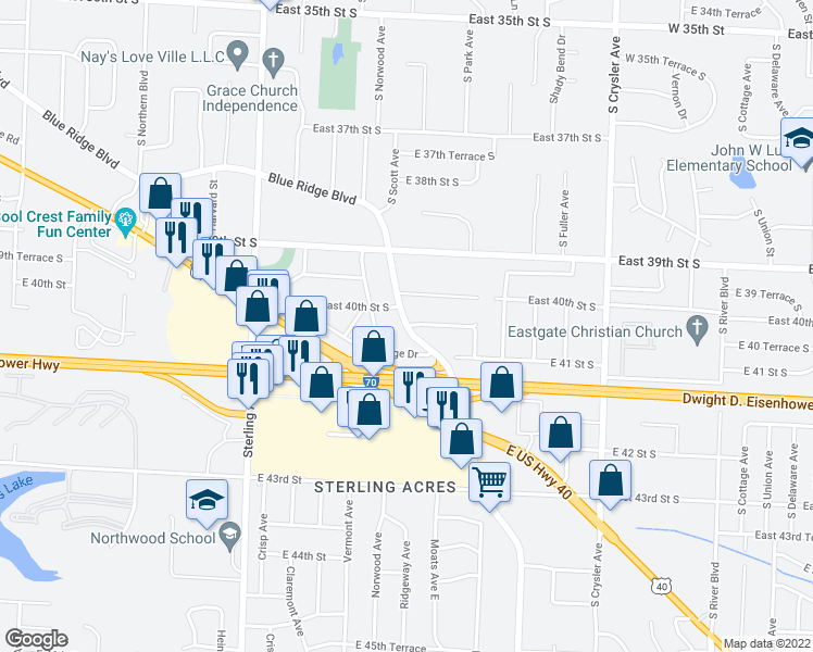 map of restaurants, bars, coffee shops, grocery stores, and more near Blue Ridge Blvd & E 40th Terrace S in Independence