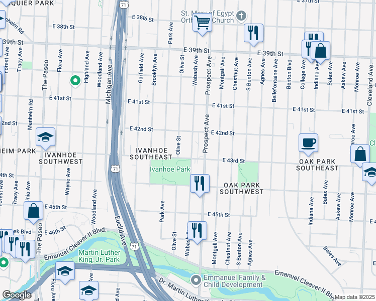 map of restaurants, bars, coffee shops, grocery stores, and more near 4214 Wabash Avenue in Kansas City