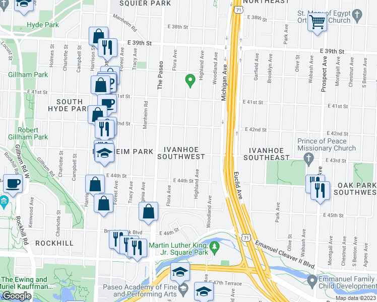 map of restaurants, bars, coffee shops, grocery stores, and more near 1604 East 43rd Street in Kansas City