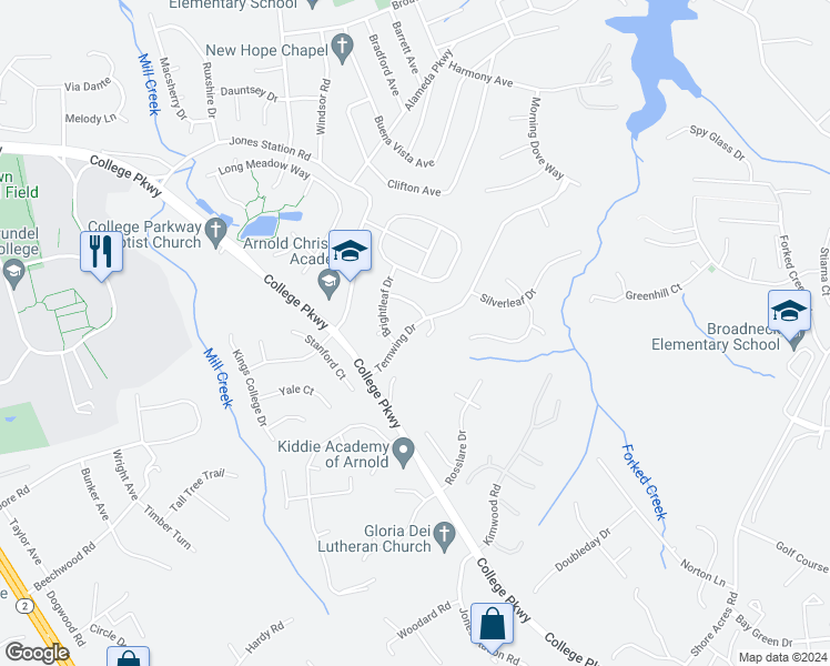 map of restaurants, bars, coffee shops, grocery stores, and more near 271 Ternwing Drive in Arnold