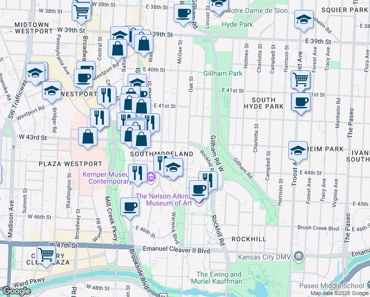 map of restaurants, bars, coffee shops, grocery stores, and more near 4302 Oak Street in Kansas City