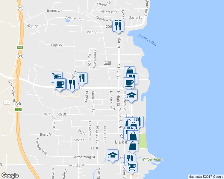 map of restaurants, bars, coffee shops, grocery stores, and more near 375 11th Street in Lakeport