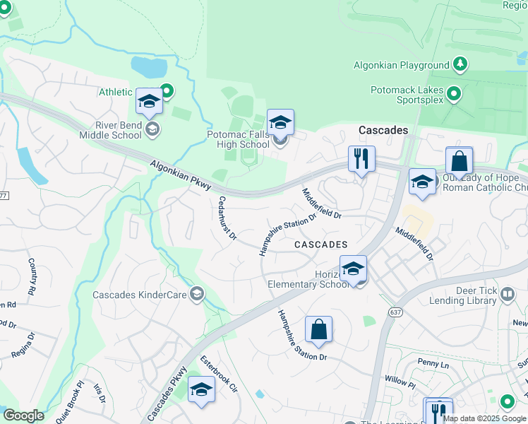 map of restaurants, bars, coffee shops, grocery stores, and more near 46445 Springwood Court in Sterling