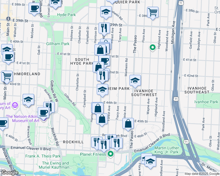 map of restaurants, bars, coffee shops, grocery stores, and more near 4301 Forest Avenue in Kansas City